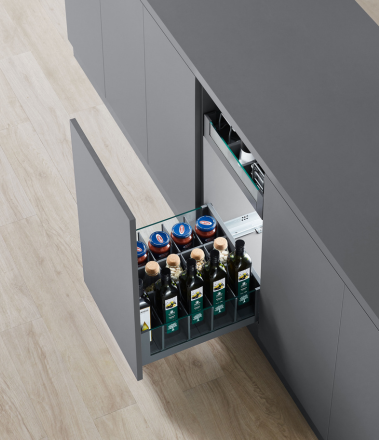 Bottle Pull Out System                 A sleek bottle pull-out drawer system that keeps essentials visible and within reach.         Learn More