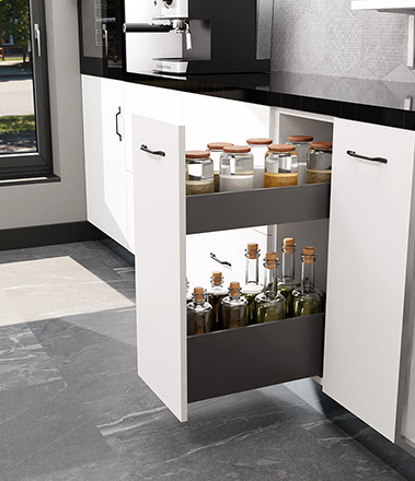 Bottle Pull Out System                 A sleek bottle pull-out drawer system that keeps essentials visible and within reach.         Learn More