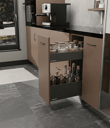 Bottle Pull Out System                 A sleek bottle pull-out drawer system that keeps essentials visible and within reach.         Learn More